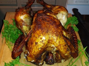 Turkey #6 BC - Before Carving... Crispy skin soaked for an hour in a kind of) East Indian liquid rub and 12 hours with a beer-infused injection.