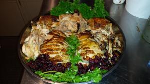 Turkey #6 AD (After Display) - carved and displayed with fresh dill and cilantro and dried cranberries for color.